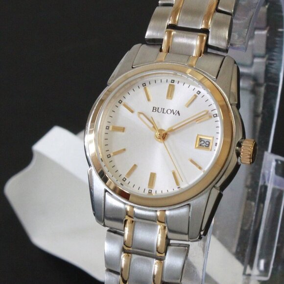 Bulova Women's Quartz Watch Two-Tone Case Silver Sunray Dial Date 26mm - Picture 1 of 13